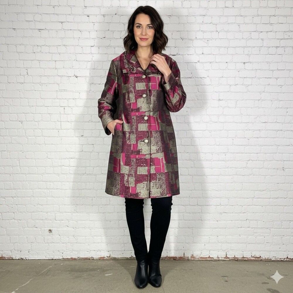 Vintage Style Pink Gold Brocade Jacquard Trench Coat Block Geometric Women’s 14